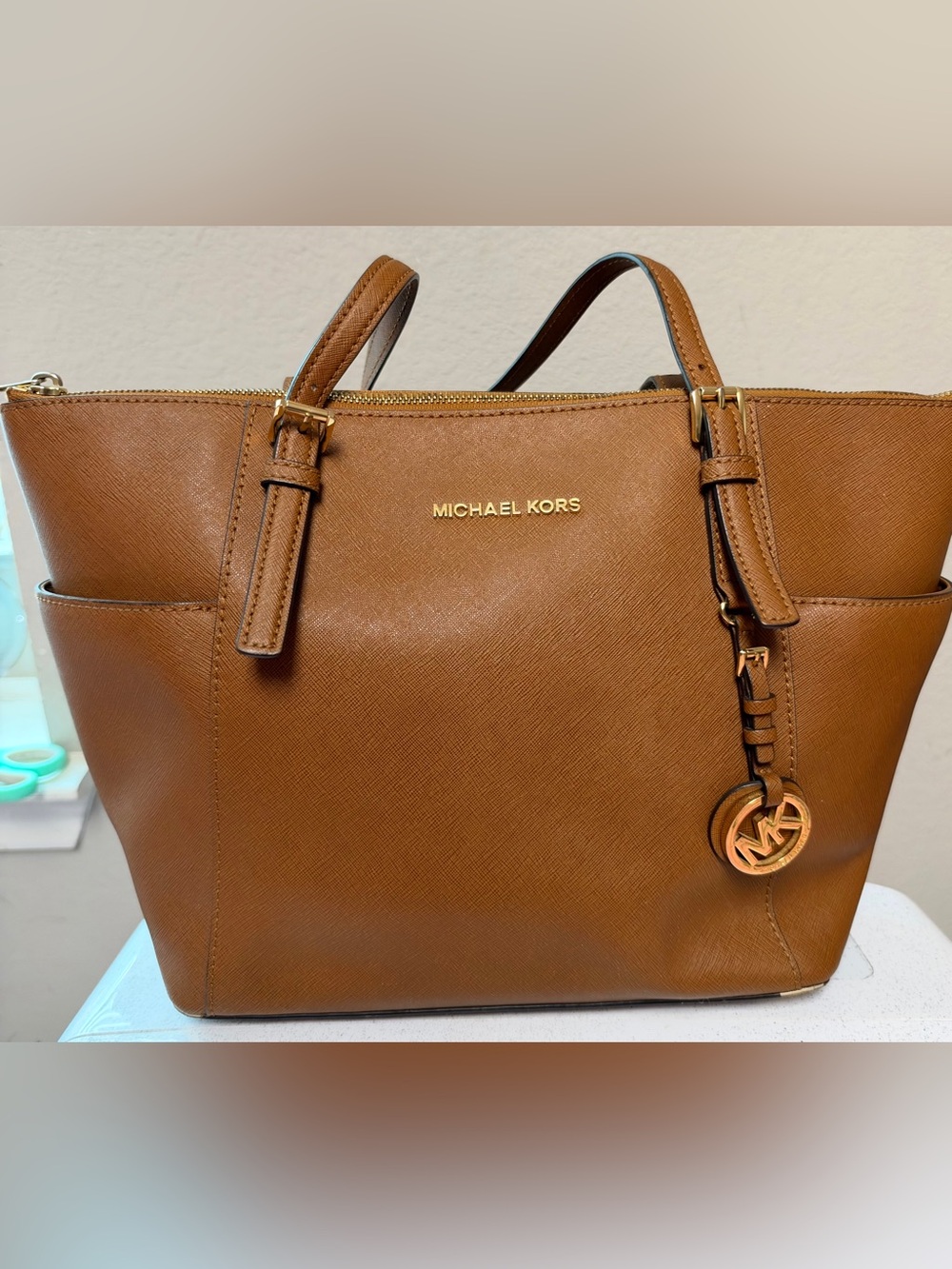 MICHAEL KORS Tan Saffiano Leather Tote with Gold Hardware
